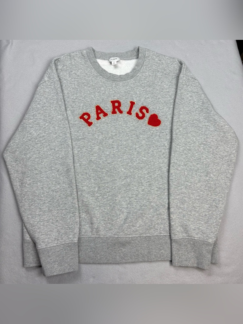 J. Crew Gray Crewneck Sweatshirt with Red 'PARIS' Appliqué and Heart